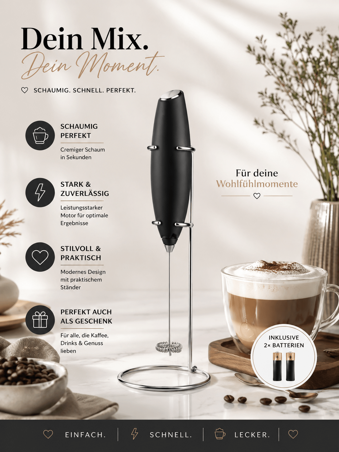 Elektrischer Milchaufschäumer für Matcha, Supplements & Latte | aromazauberei - aromazauberei