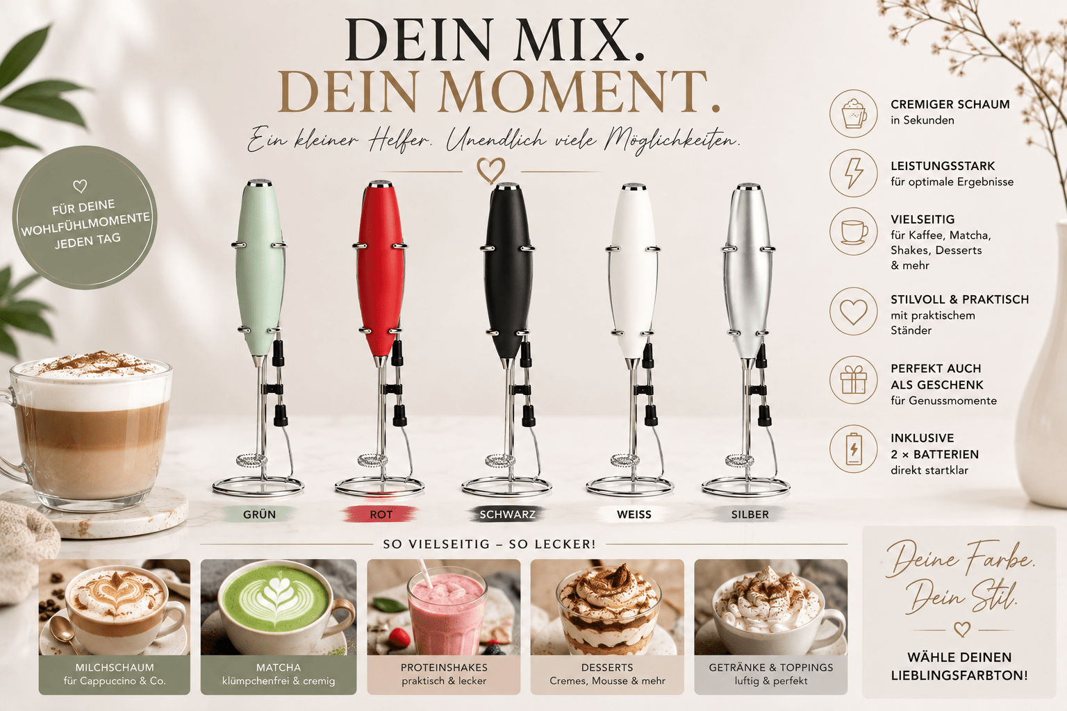 Elektrischer Milchaufschäumer für Matcha, Supplements & Latte | aromazauberei - aromazauberei