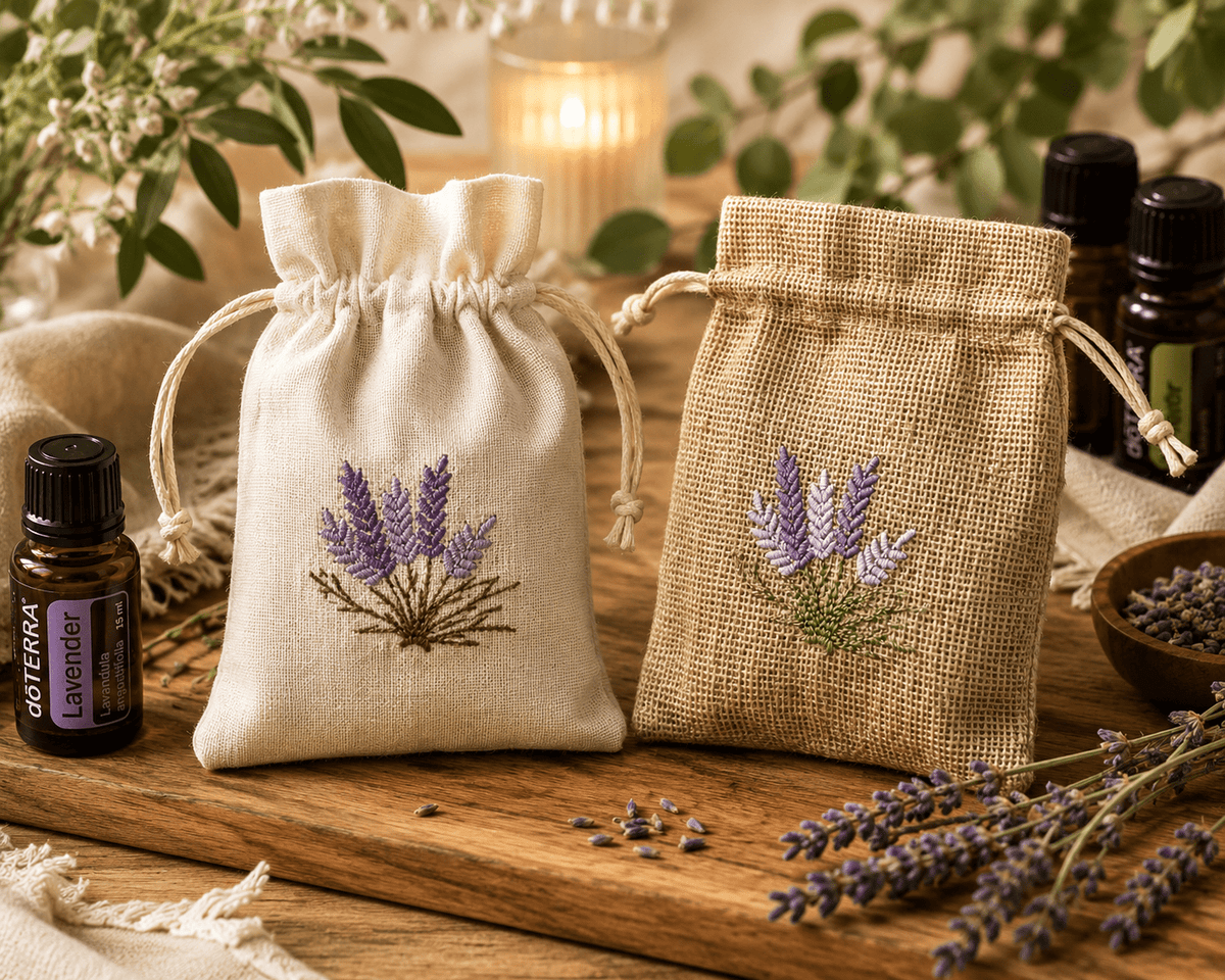 Leinen-Zugbeutel mit Lavendel-Stickerei | Nachhaltig & Vielseitig - aromazauberei